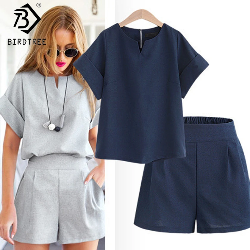 

Casual Cotton Linen Two Piece Sets Women Summer V-Neck Short Sleeve Tops+Shorts Female Office Suits Female Costumes S81201A