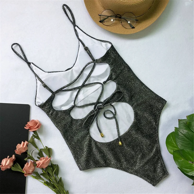 Сексуальный блестящий без спинки Цельный купальник женская одежда для плавания