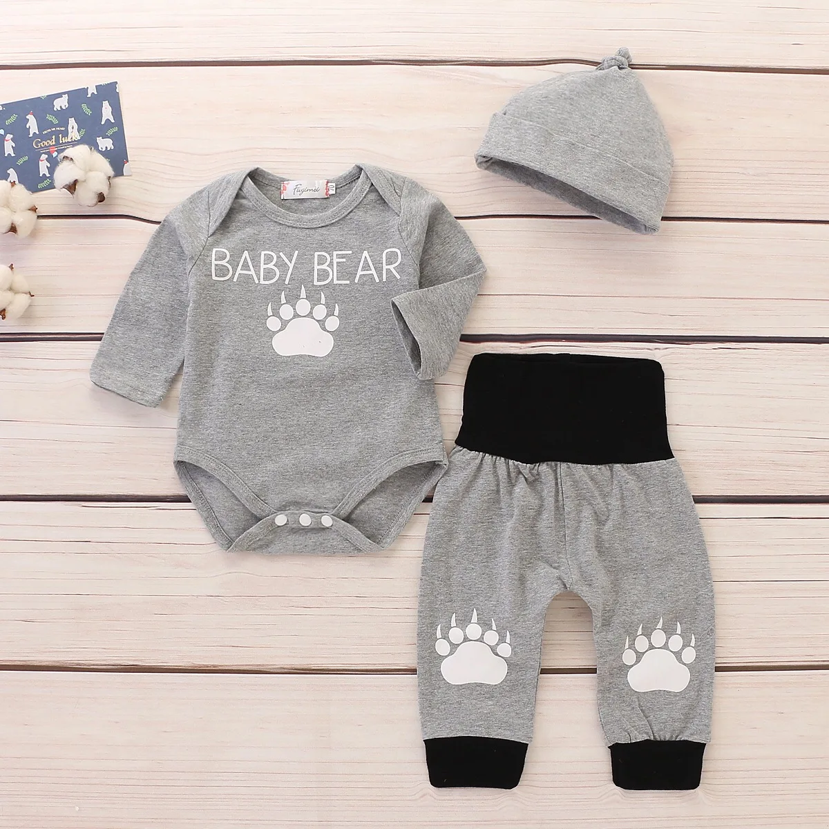 Newborn Baby's Sets Cotton Letter Cute Paw Print Long Sleeve Bodysuits + Casual Trousers Hat Kids Infant Boys 3 pcs Suits |