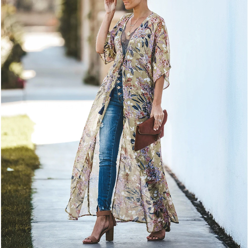 Винтажная Ретро Ночная одежда с принтом Boho maxi Kimono кардиган рукавом богемная
