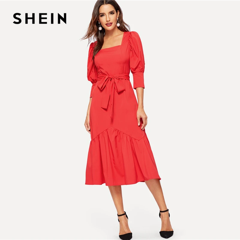 SHEIN платье с оборками и пышными рукавами, с поясом, приталенное и расклешенное,, элегантное, весна-осень, квадратный вырез, женские летние длинные платья