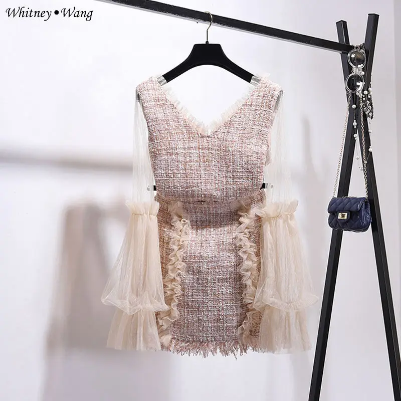 WHITNEY Ван 2018 Весенняя мода комплект из 2 предметов элегантный сетки с пышными
