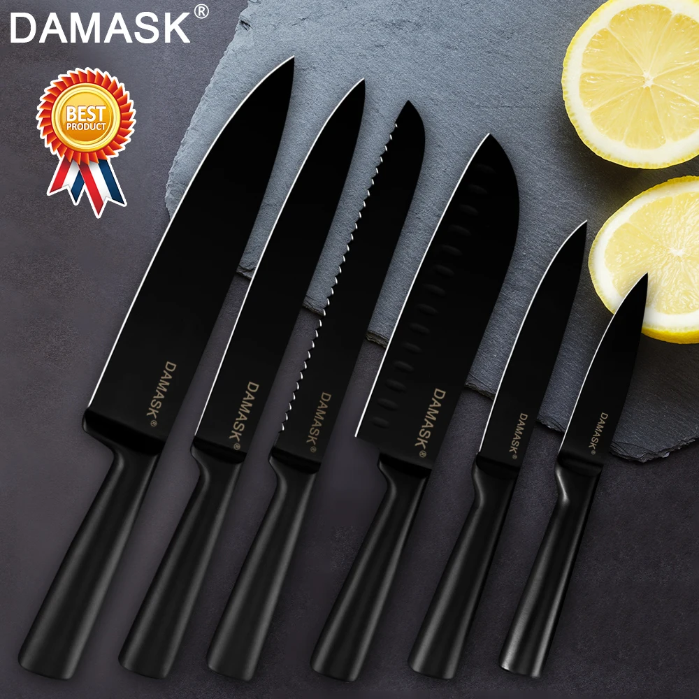 Damask черные наборы шеф ножей из нержавеющей стали Профессиональная кухонная