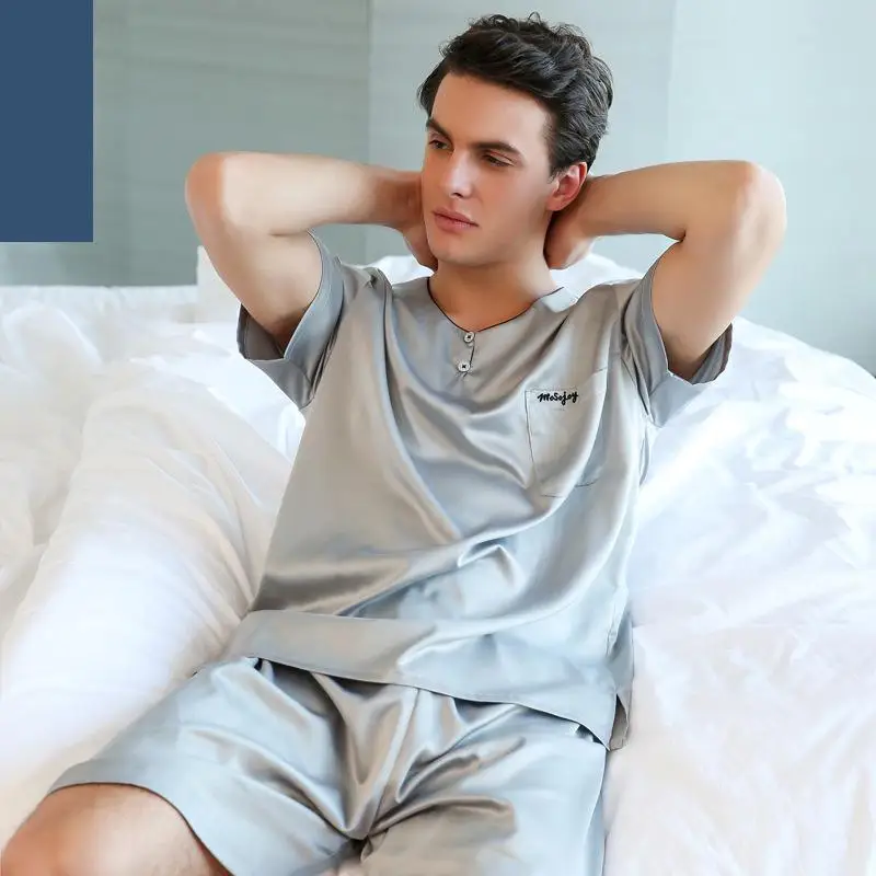 O Neck Summer Pijamas Men Three Quarter Sleeve Sexy Pajamas For Men Silk Pajama Suit Silk Men Pijama Sleep Clothes Man 21017