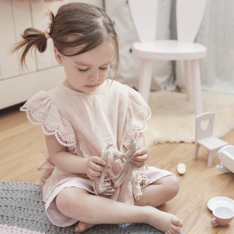 Девочка Лето Сладкий Розовый Блузки Оборками и кружевами Одежды Хлопок лен