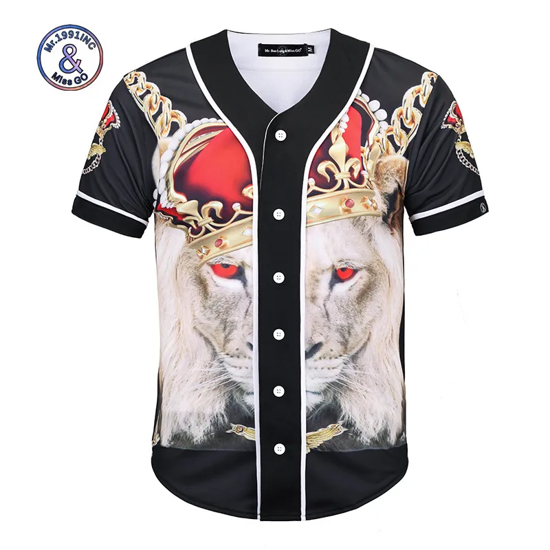 

3D Animal Large Size Short Sleeve Baseball Uniform Digital Printing Men's Cardigan Lion Pattern Baseball Shirt