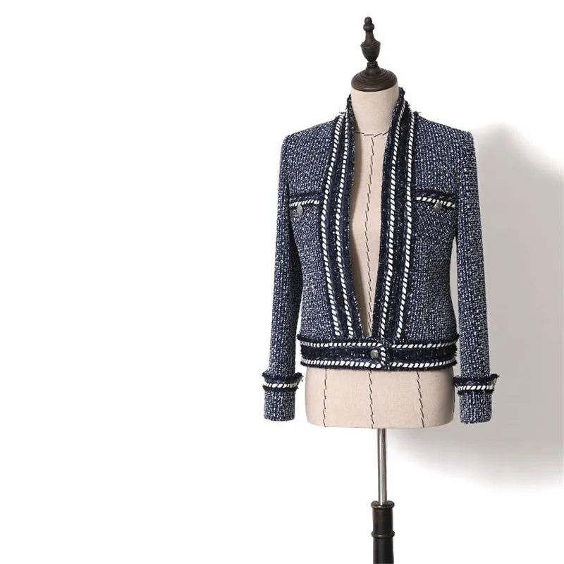 

Handmade Luxury Blazer Suits for Women Fashion Tweed V Neck Short Blue Blazers Coat With Sashes