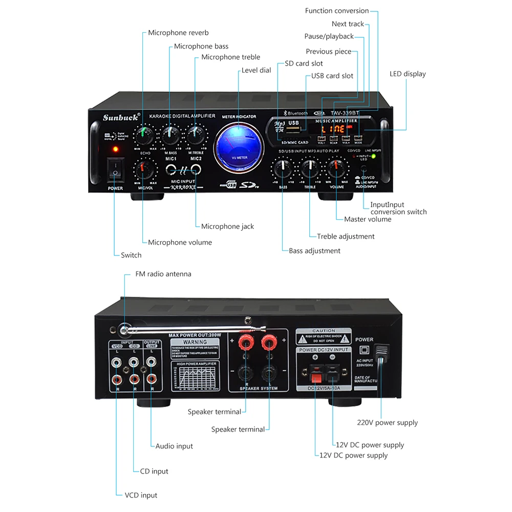 SUNBUCK 2 0 каналов HiFi Bluetooth Стерео AV усилитель домашний кинотеатр аудио Радио