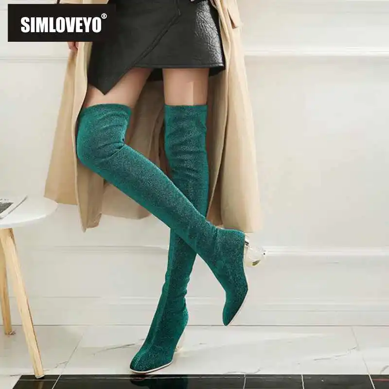 SIMLOVEYO/женские демисезонные высокие сапоги до бедра; ботильоны на прозрачном каблуке; эластичные разноцветные ботфорты; Botas bottine femme