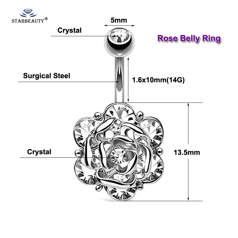 Romantic Rose Belly Ring White Crystal Navel Piercing Ombligo Earrings Button Rings Flower Nombril |