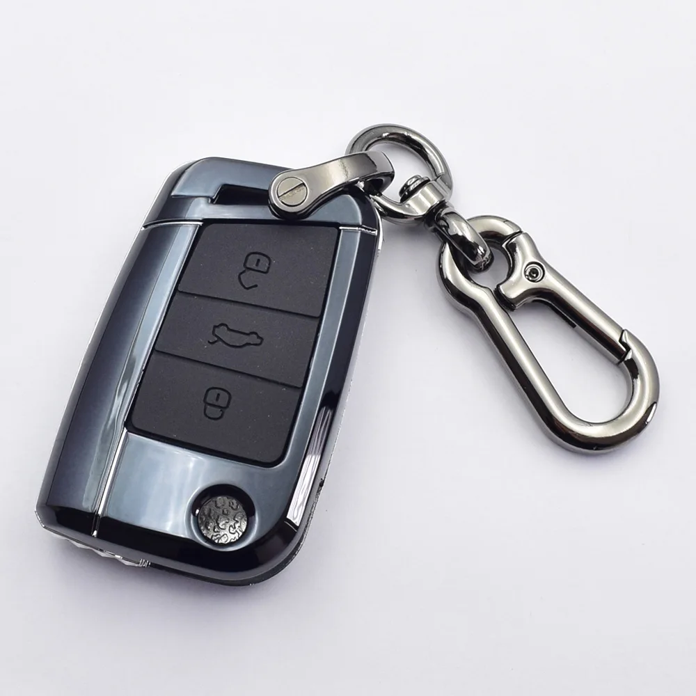 Карбоновый чехол для ключей автомобиля VW Volkswagen MK7/GTI 7/Golf 7/Golf R Skoda Octavia A7 сиденье 3 кнопки складной чехол дистанционного брелока брелок - Название цвета: Черный