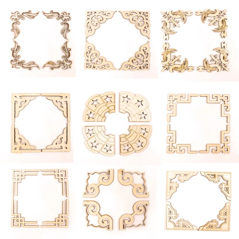 Wooden Scrapbooking Sewing Home Decoration DIY Chinese Style Retro Frame Lace Pattern Craft Handmade Accessory 4pcs 40-80mm