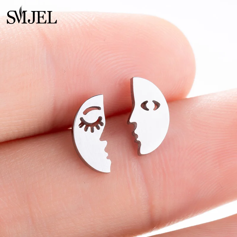 moon face SMJEL Korean Stainless Steel Earrings for Women pendientes hombre Flower Small Earrings Studs Birthday Gifts Wholesale - Окраска металла: moon face