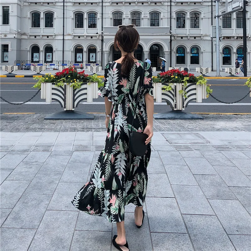 Female Summer Dress 2019 New Korean Fashion Women Short Sleeve Black Floral Print Long Chiffon Dresses | Женская одежда