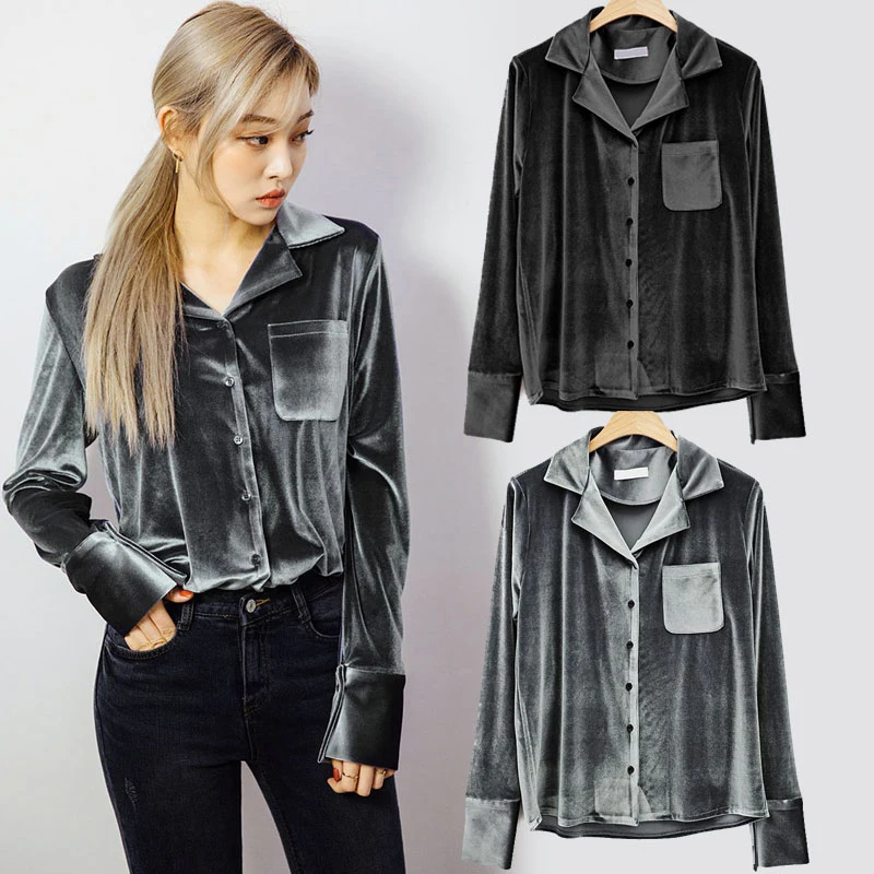 

Solid black Women Blouse Turn-down Collar Long Sleeve Single Breasted Tops Pocket Casual Slim Sexy Velvet Blouse