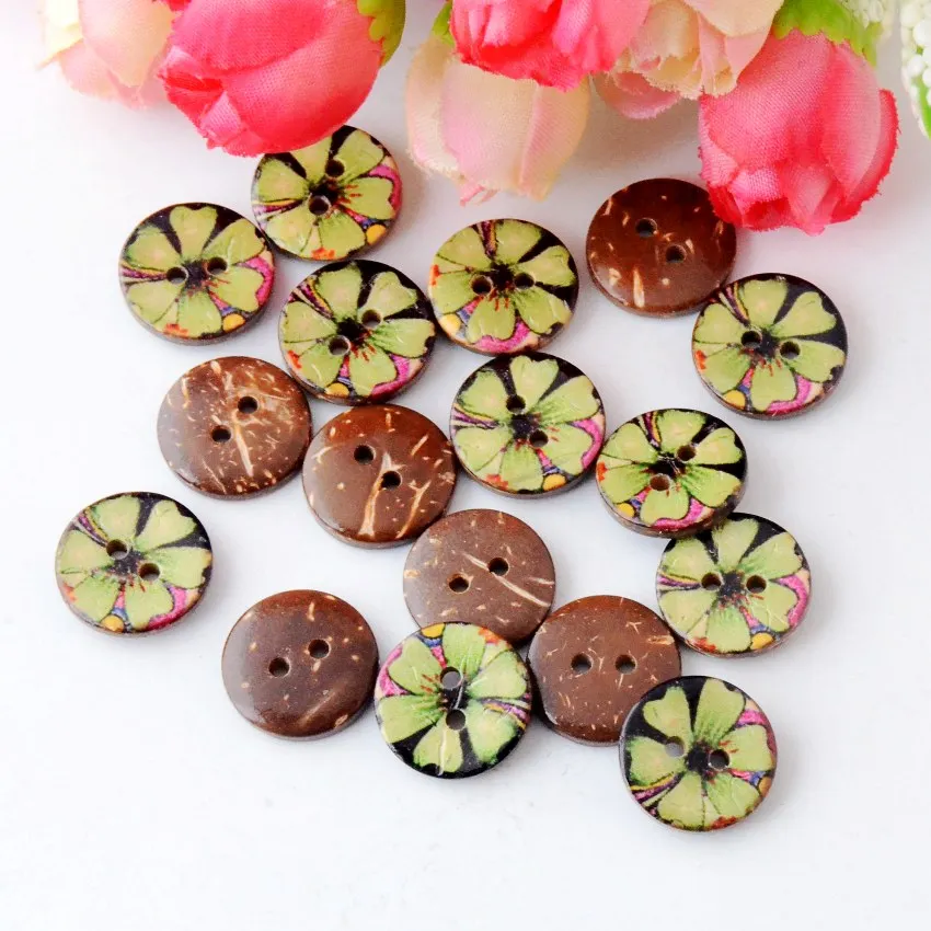 

Free shipping 2015 New 100pcs Mixed 2 Holes Coconut Flower Round Shape Wood Sewing Buttons Scrapbooking 15mm J2694