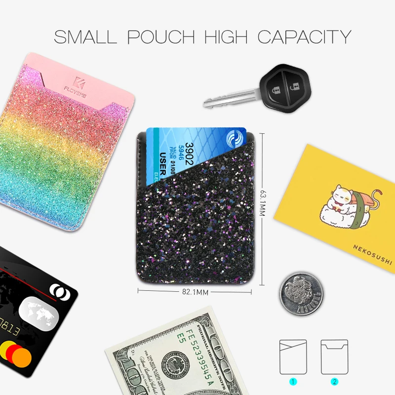 FLOVEME Fashion Glitter 3M Adhesives Cash Credit ID Card Sticker Pocket Pouch Soft PU Universal Girl Phone Holder |