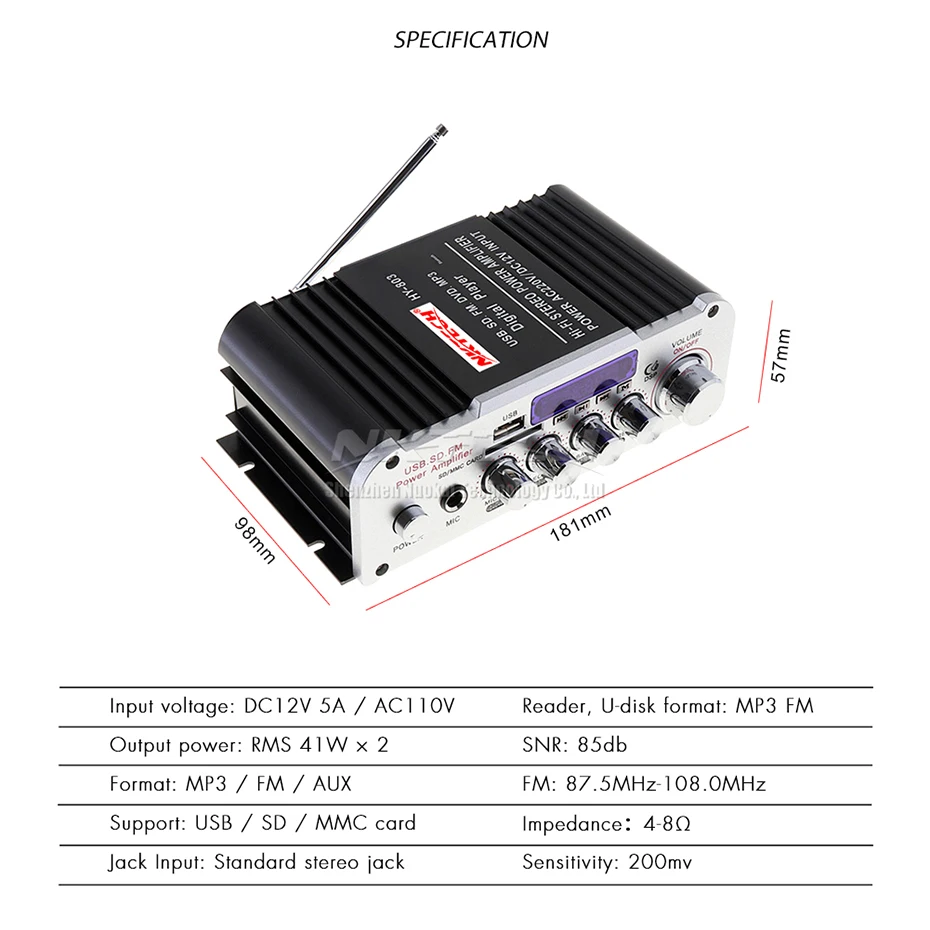 NKTECH HY-803 усилитель Bluetooth Автомобильный цифровой аудио плеер 2x41 Вт Hi-Fi стерео бас USB SD MP3 DVD FM DSP DC12V 220-240 В