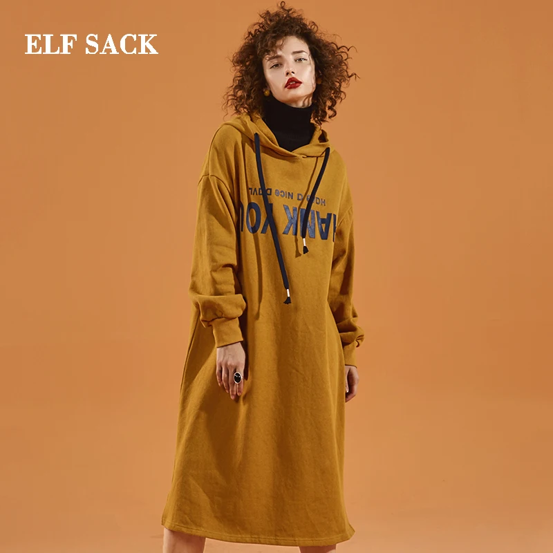 Женское платье с длинным рукавом ELF SACK хлопковое прямое до колена буквенным