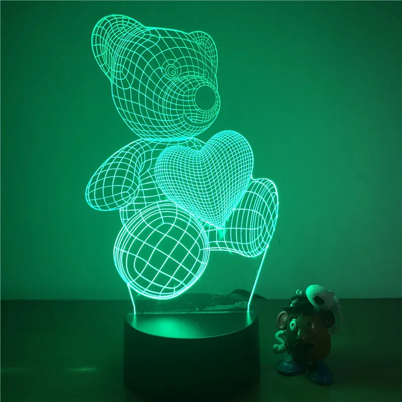 3D LED Night Light Cute Teddy Bear Love Heart Action Figure 7 Colors Touch Optical Illusion Table Lamp Home Decoration Model | Лампы и