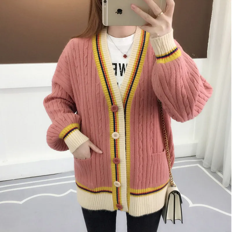 2019 Women Long Sleeve Knitted Sweater Cardigan Autumn Winter Ladies korean Fashion V-neck Causal Loose Plus Size Knitting Coat |