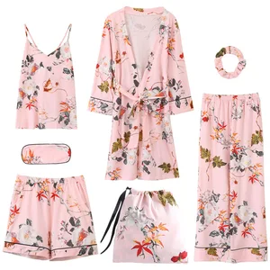 Пижама женская хлопковая, с длинным рукавом, на резинке, 7 предметов