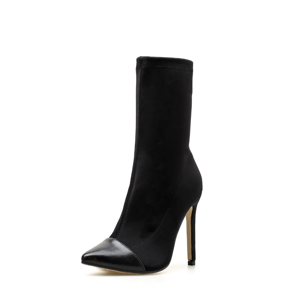 Plus Size 35-42 Elastic Sock Boots Thin High Heels Women Autumn Sexy Booties Pointed Toe Woman Pumps Mixed Color Black Footwear