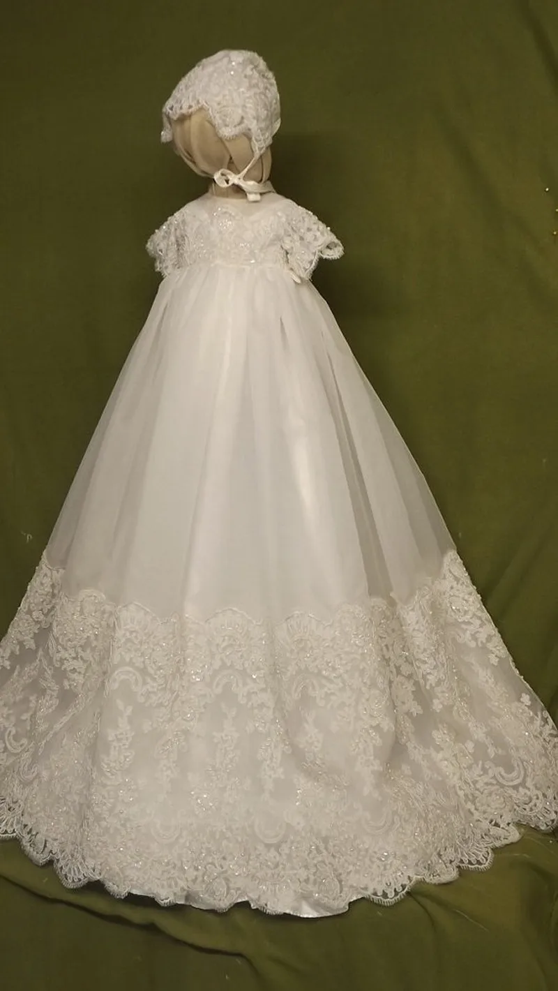 Vintage Baby Girls Christening Dresses Long Beading Lace Solid Holy Baptism Gowns White Ivory with Bonnet | Детская одежда и обувь