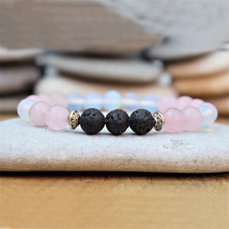 Rose Quartzs Moonstone Beaded Bracelet For Women Femme Natural Lava Stone Wrist Healing Energy Pulsera Mujer | Украшения и