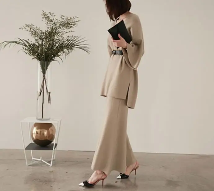 Knitting Sweater Pantsuit Two Piece Set Knitted Pullover office lady High Waist Wide Leg Pants Women's Suit | Женская одежда
