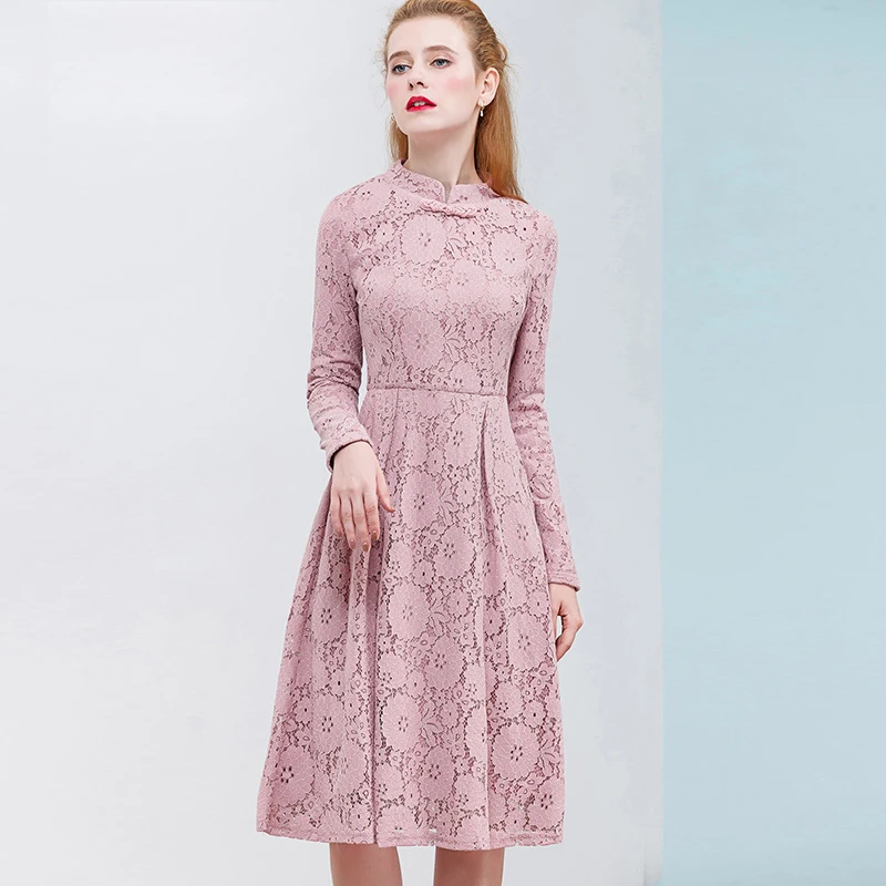 Только плюс для женщин розовый кружево зимнее платье с длинным рукавом офисные
