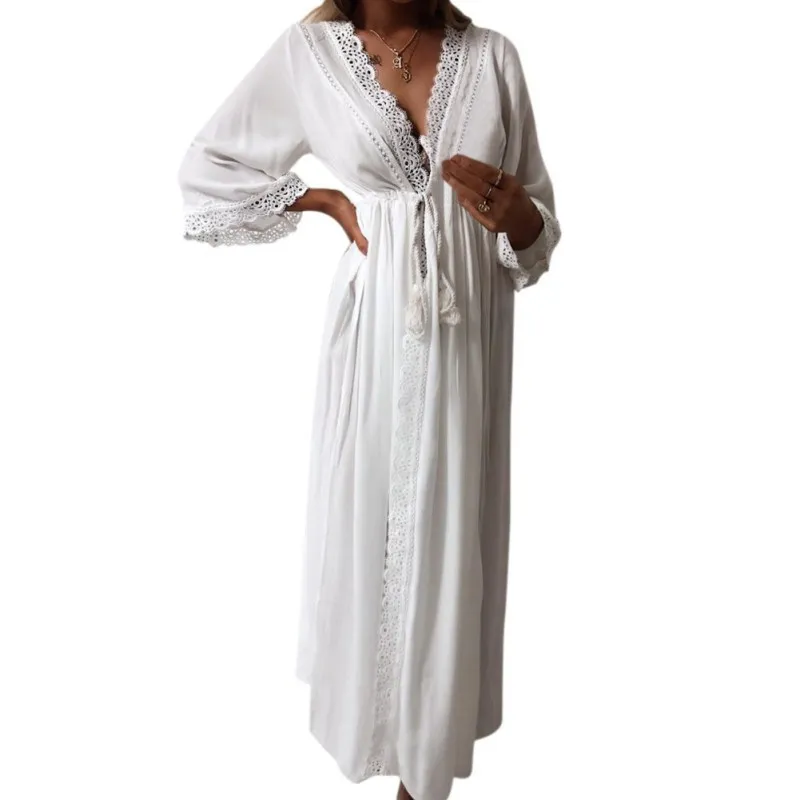 Women Dress Summer 2019 Ladies Lace Patchwork Dresses Sexy V Neck Long Sleeve Solid Color Casual Womens |