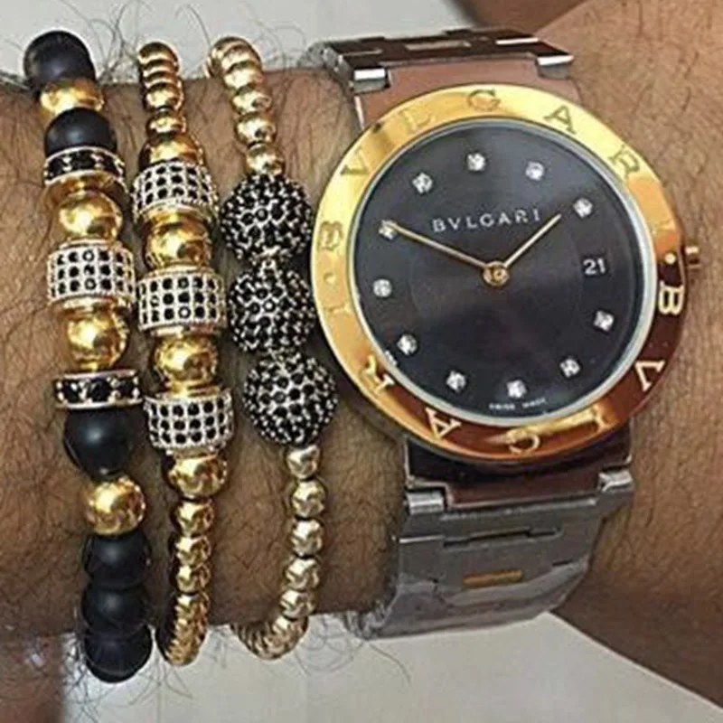 Мужские браслеты золотого цвета с микрозакрепкой черные бусины из фианита и