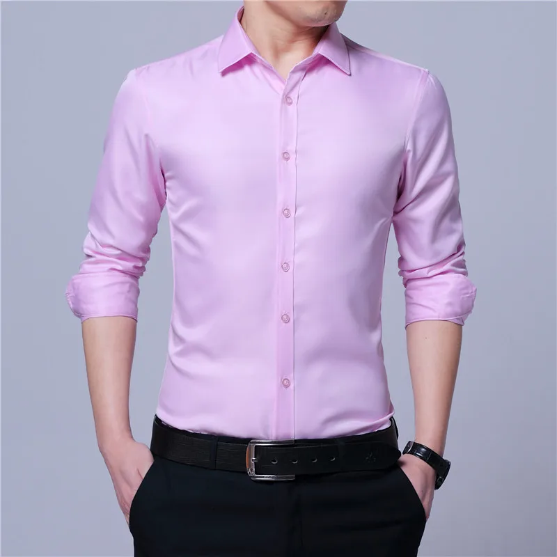 Blusa Masculina Korean Style Casual Slim Fit Shirt Men Solid Long Sleeve Fashion Shirts Mens White Pink Business Office Work 4XL | Мужская