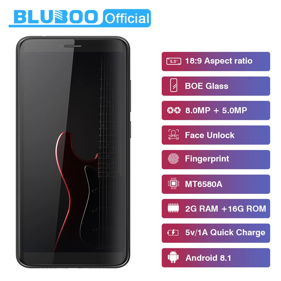 BLUBOO D6 WCDMA смартфон с 5 дюймовым дисплеем четырёхъядерным процессором MT6580A ОЗУ 2 Гб