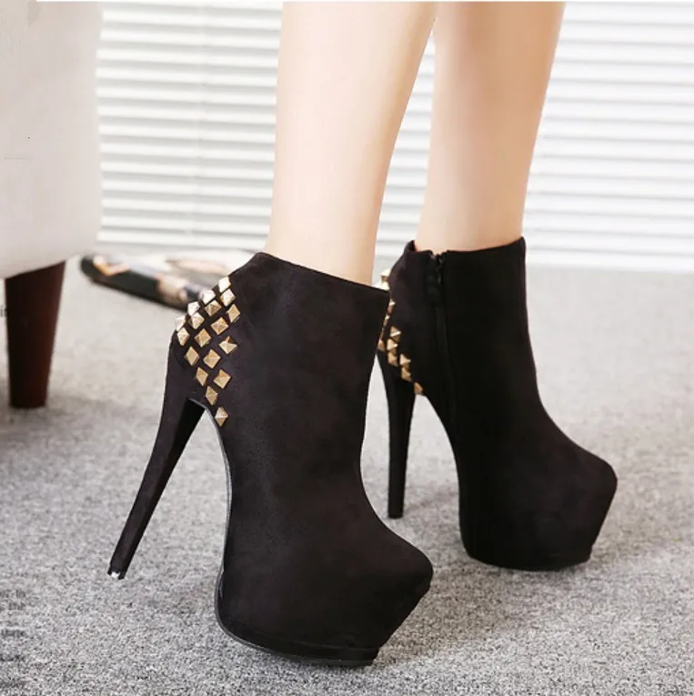 European Sexy Super High Short Boots 14 CM Autumn Fine Woman Waterproof Platform Martin Winter Rivet Naked | Обувь