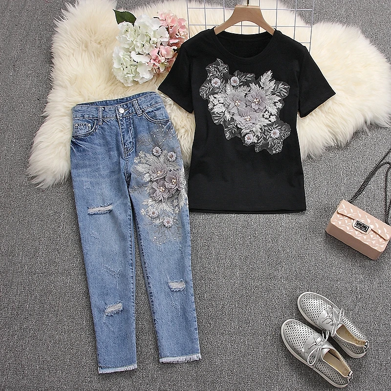 ALPHALMODA женские футболки с коротким рукавом джинсы тяжелая работа 3D Цветочные