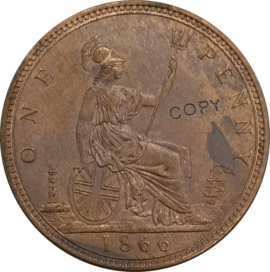 Коллекционная монета 1866 Великобритания 1 пенни Виктория 2-й портрет красная медь |