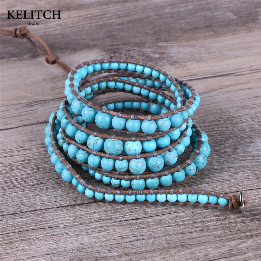 KELITCH новые летние пляжные кожаные браслеты Bijoux большая нить с каменными бусинами
