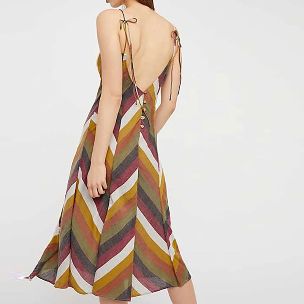 Women's Striped Suspender Chiffon Print Pleated Split Holiday Dresses Summer Casual Beach Sleeveless V-Neck Dress G0322#20 | Женская