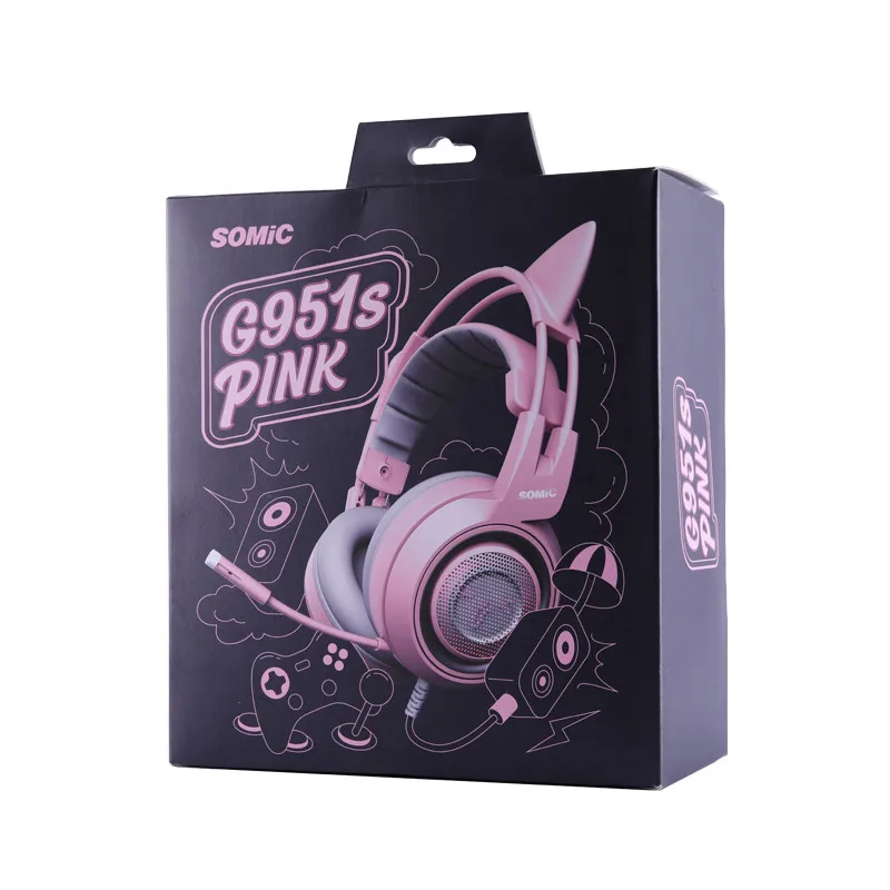 retail box SOMIC G951S розовая игровая гарнитура с микрофоном для компьютера, ПК, видео, PS4, Xbox One, геймерские наушники с кошачьими ушками, подарок для женщин и детей - Цвет: retail box