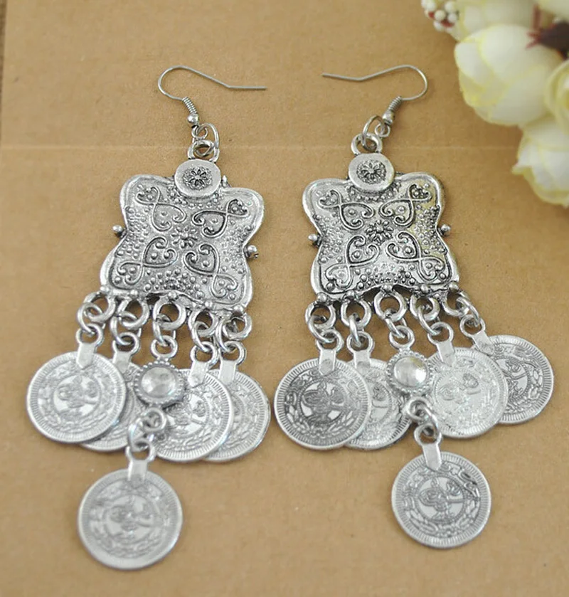 

Bohemian Style Carving Flower Coin Statement Dangle Drop Earring Ethnic Turkish Gypsy Beach Jewelry