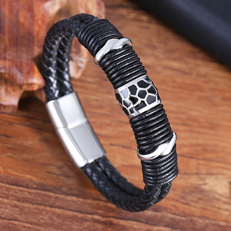 2018 Модные мужские браслеты панк черный плетеный двойной кожаный браслет из