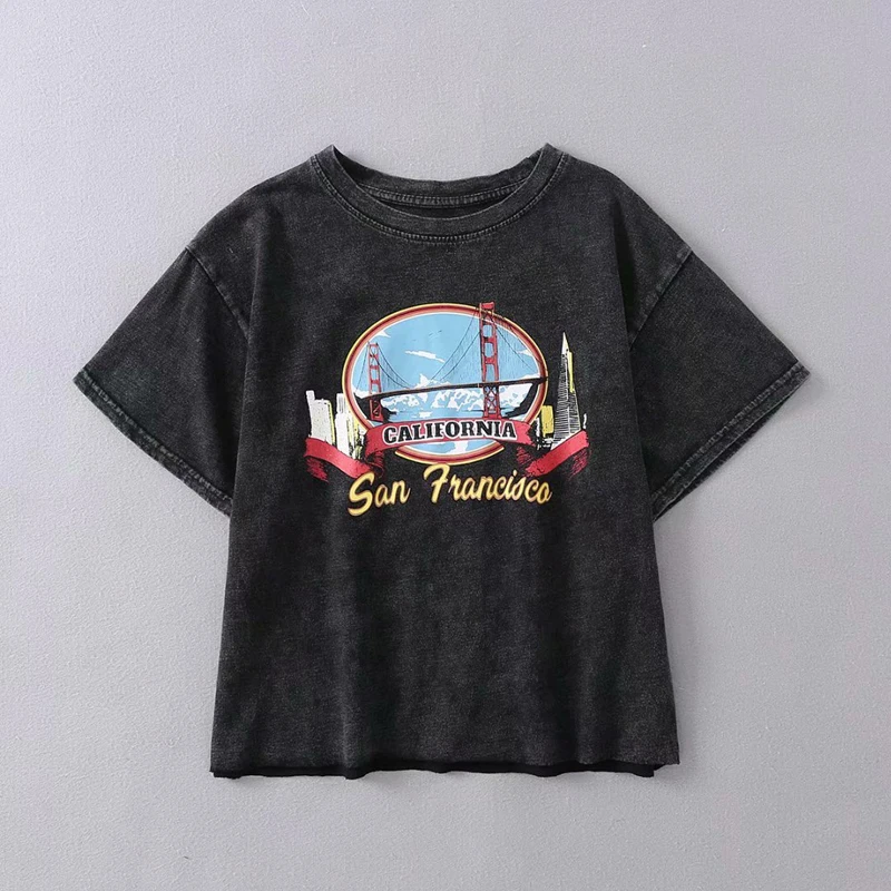 

Vintage Washing Women Casual O-neck Short Sleeve T-shirt Golden Gate Bridge Printed Short Sleeve Pullover T-shirt Tee
