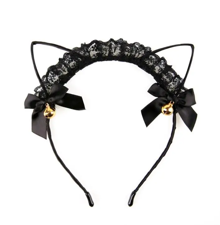 

Black lace Cat Ear Headband Ribbon + Golden Bells Kawaii Kitty Cosplay Hair Band Hair Stick Halloween Christmas headwear