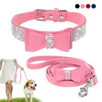 bling bowknot suede leather rhinestone dog collar and leash set pet puppy cat chihuahua collars for small medium dogs cats pink