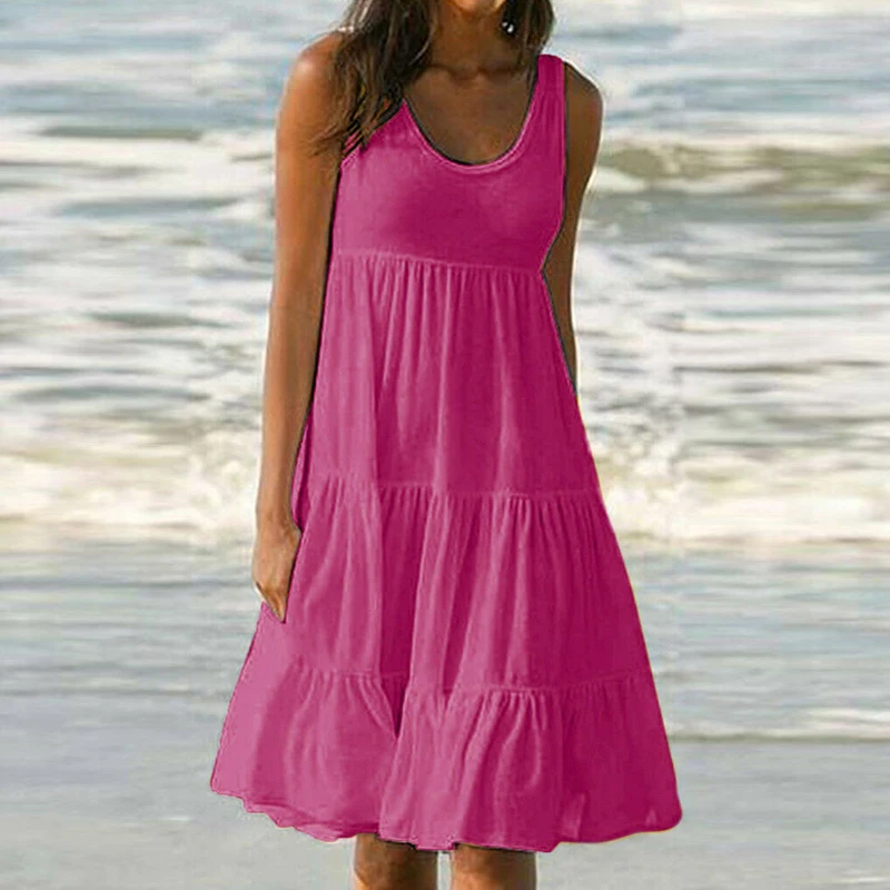 Женское платье с круглым вырезом без рукавов | Женская одежда