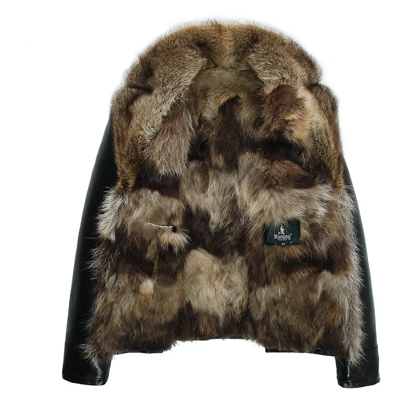 

Mens Leather Jackets Winter Coats Real Raccoon Fur Coats Snow Overcoat Outwear Warm Thick Plus Size 4XL 5XL High Quality