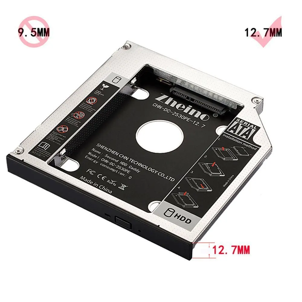 Zheino SATA Caddy алюминиевый 9,5 мм 12,7 мм 9,0 мм 2nd HDD/SSD адаптер подходит для 2," SATA 2nd HDD SSD для ноутбука ODD DVD/CD-ROM Optibay