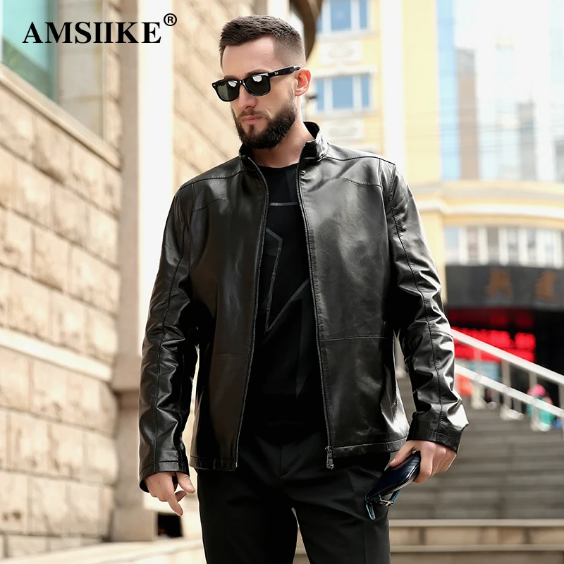 AMSIIKE Мужская Кожаная Куртка Воротник Стойка на Молнии A8279|jacket genuine leather|jacket jacketjacket